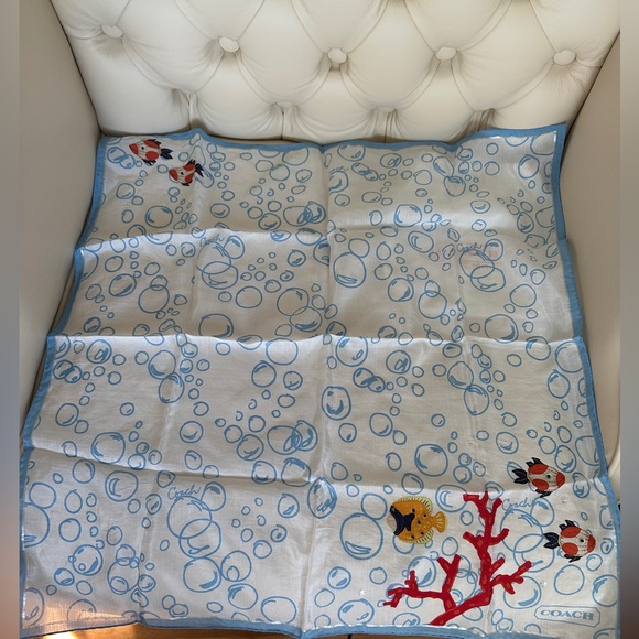 COACH Silk Cotton 🐠 Fish 🫧 Bubbles 🪸 20” Scarf  ☀️🏝️ - Picture 4 of 6